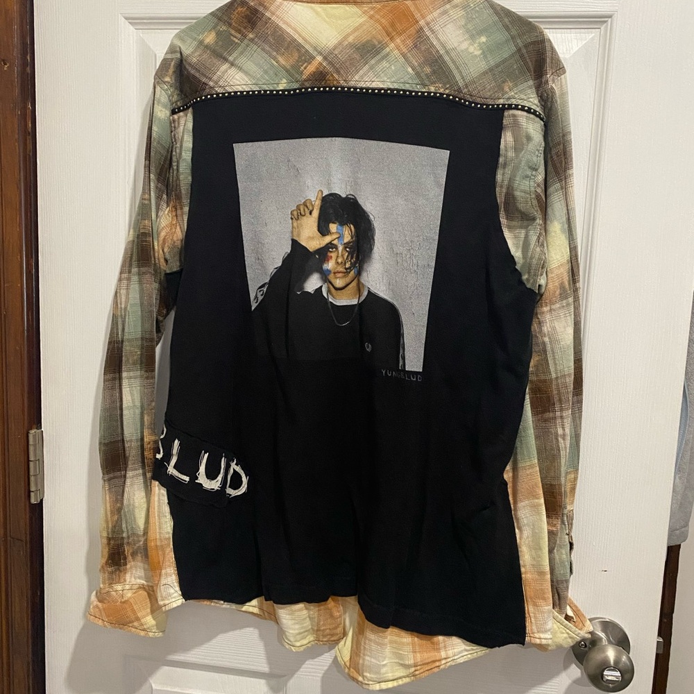 Plaid and Black Graphic Long Sleeve Shirt